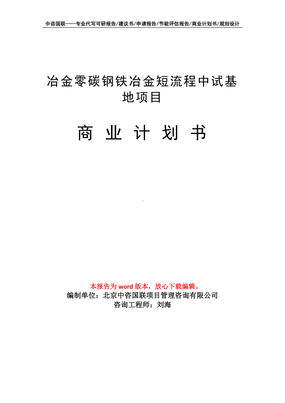 冶金零碳钢铁冶金短流程中试基地项目商业计划书写作模板-融资.doc_第1页