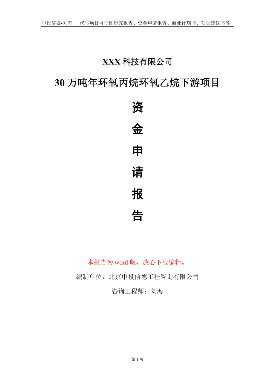 30万吨年环氧丙烷环氧乙烷下游项目资金申请报告写作模板.doc_第1页