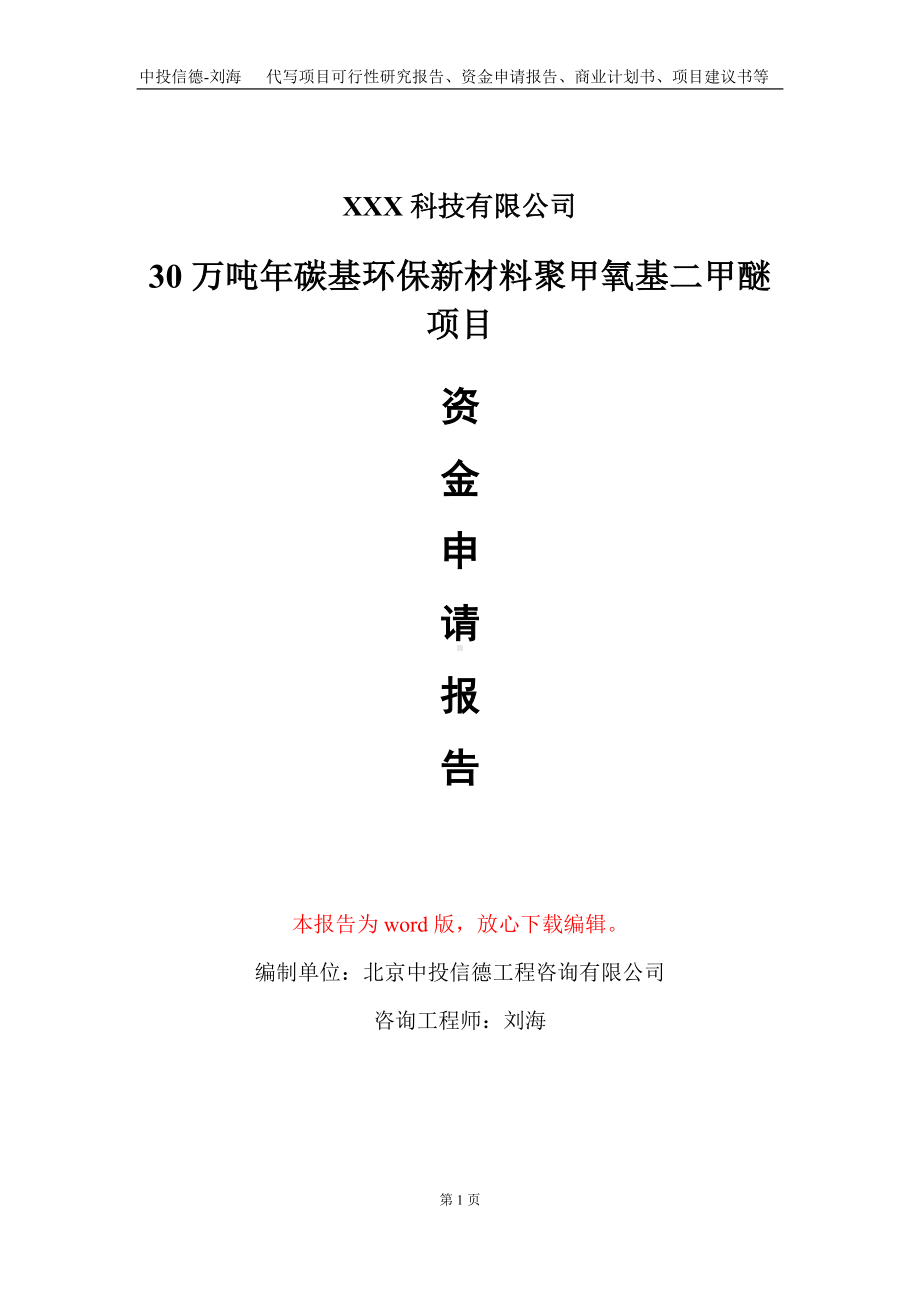 30万吨年碳基环保新材料聚甲氧基二甲醚项目资金申请报告写作模板.doc_第1页