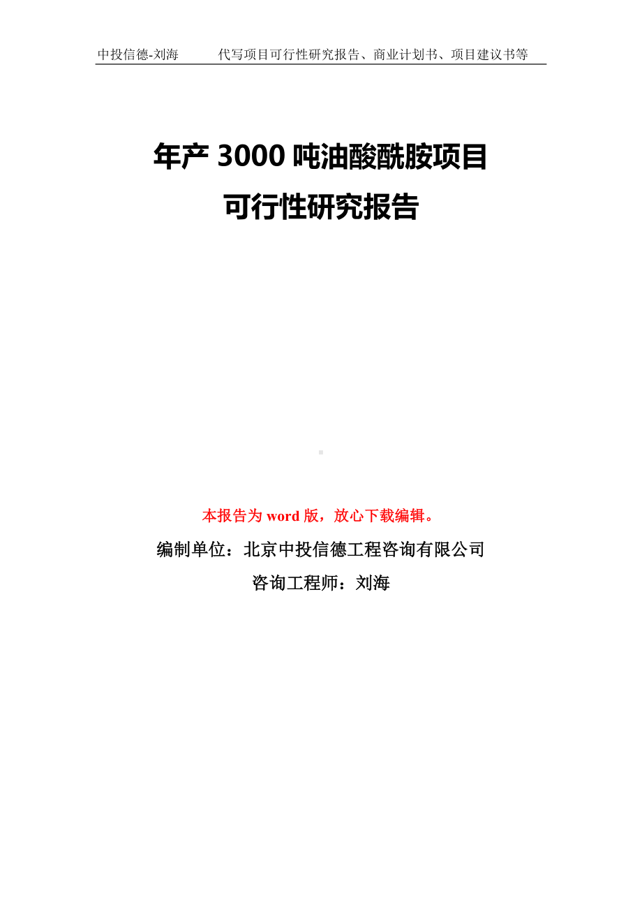 年产3000吨油酸酰胺项目可行性研究报告模板-备案审批.doc_第1页