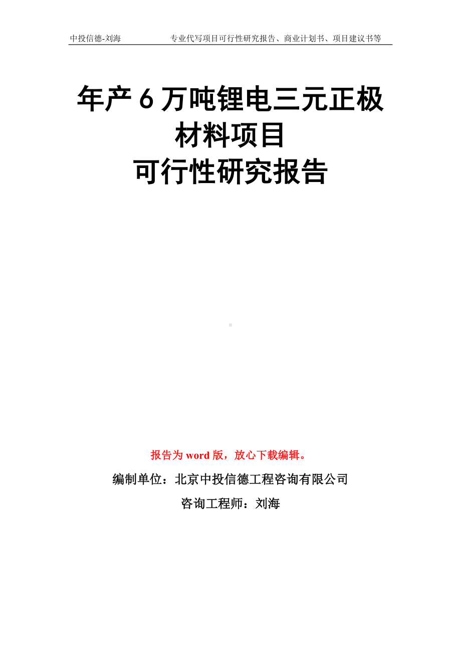 年产6万吨锂电三元正极材料项目可行性研究报告模板.doc_第1页