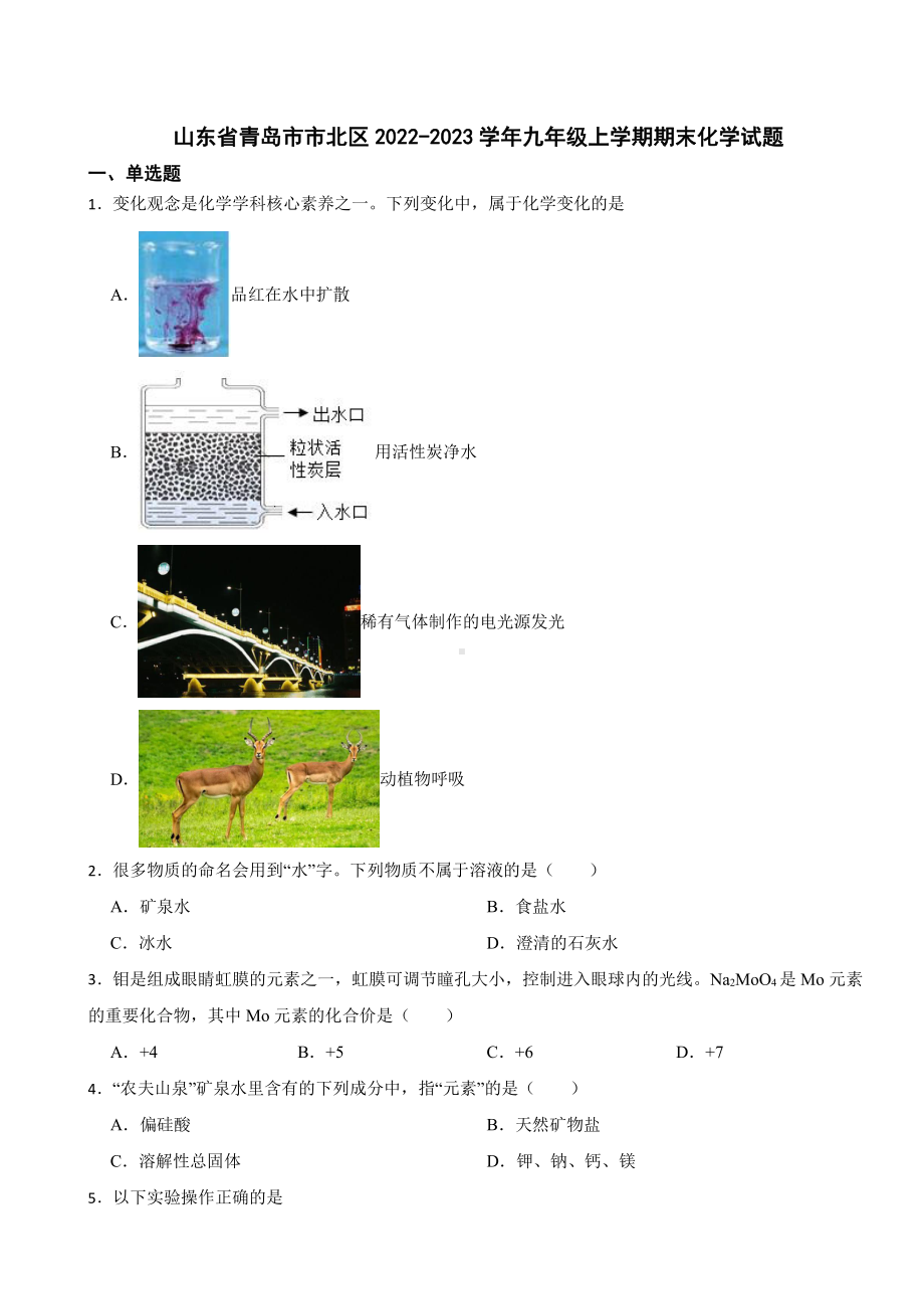 山东省青岛市市北区九年级上学期期末化学试题附参考答案.pdf_第1页