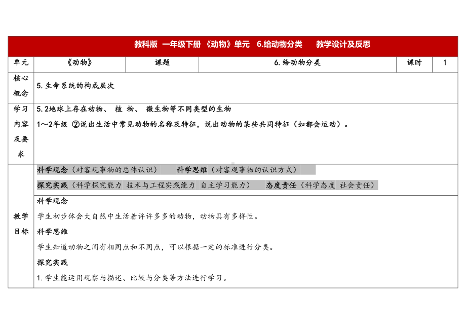 2-6《给动物分类》教案（表格式含课堂练习和反思）-2024新教科版一年级下册《科学》.docx_第1页