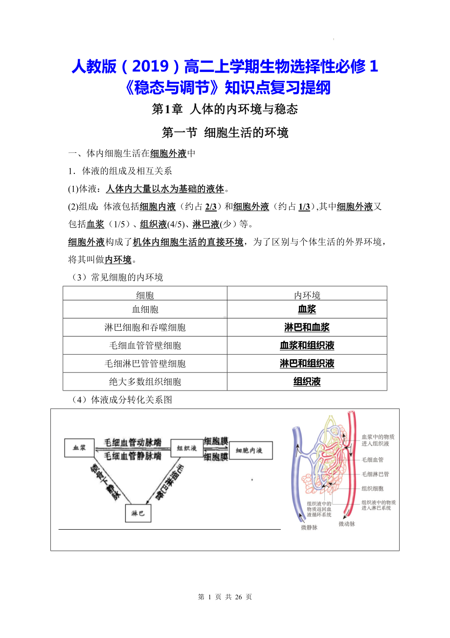 人教版（2019）高二上学期生物选择性必修1《稳态与调节》知识点复习提纲（实用必备！）.docx_第1页