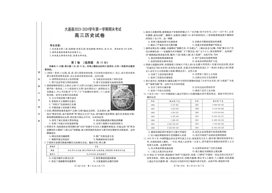 青海省西宁市大通县2023-2024学年高三上学期期末考试 历史.doc_第1页