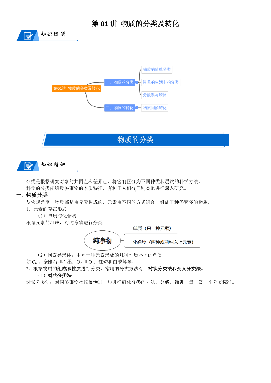 第01讲-物质的分类及转化 讲义-2024新人教版（2019）《高中化学》必修第一册.docx_第1页