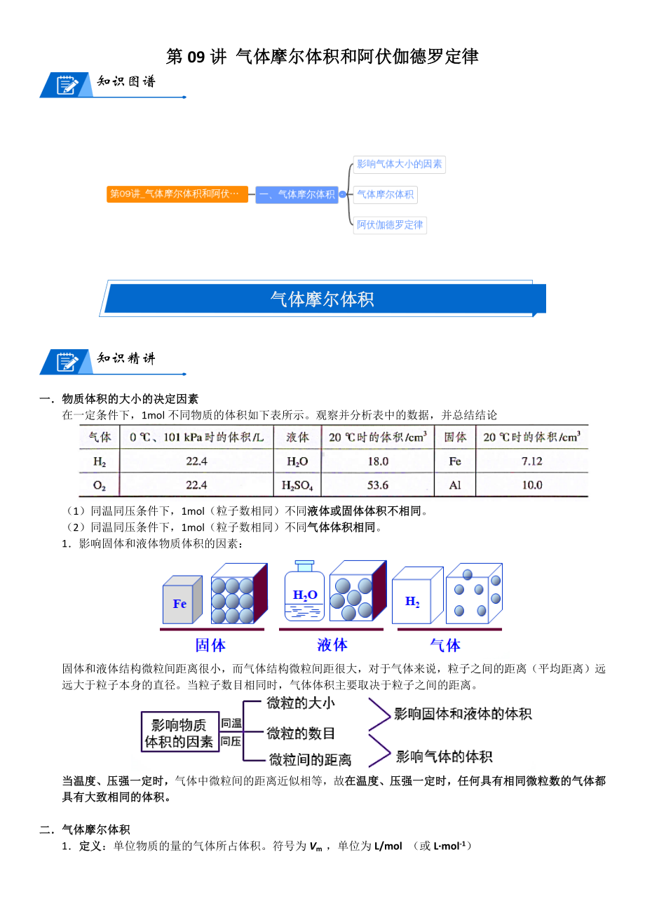 第09讲-气体摩尔体积和阿伏伽德罗定律 讲义-2024新人教版（2019）《高中化学》必修第一册.docx_第1页