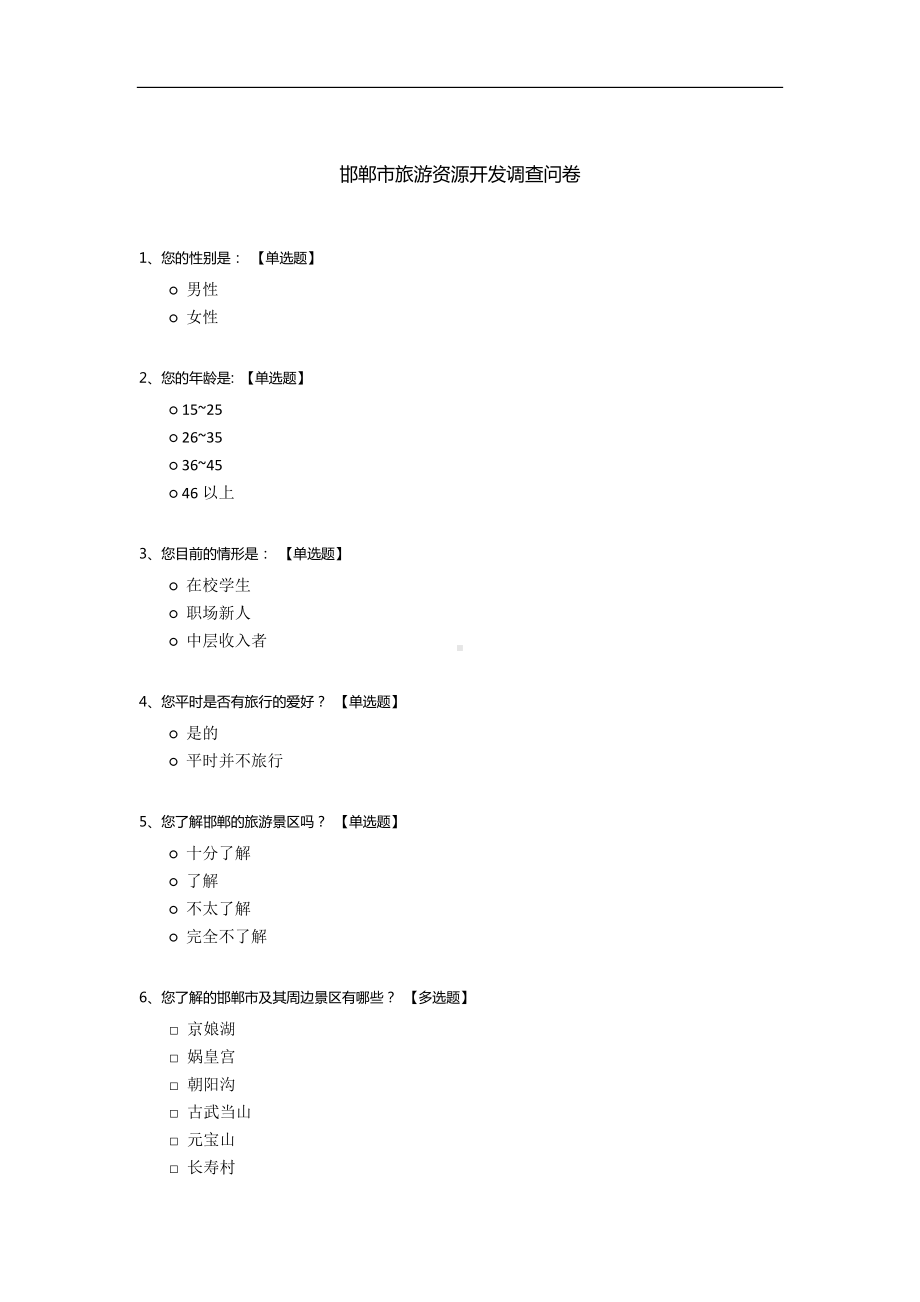 邯郸市旅游资源开发调查问卷.docx_第1页