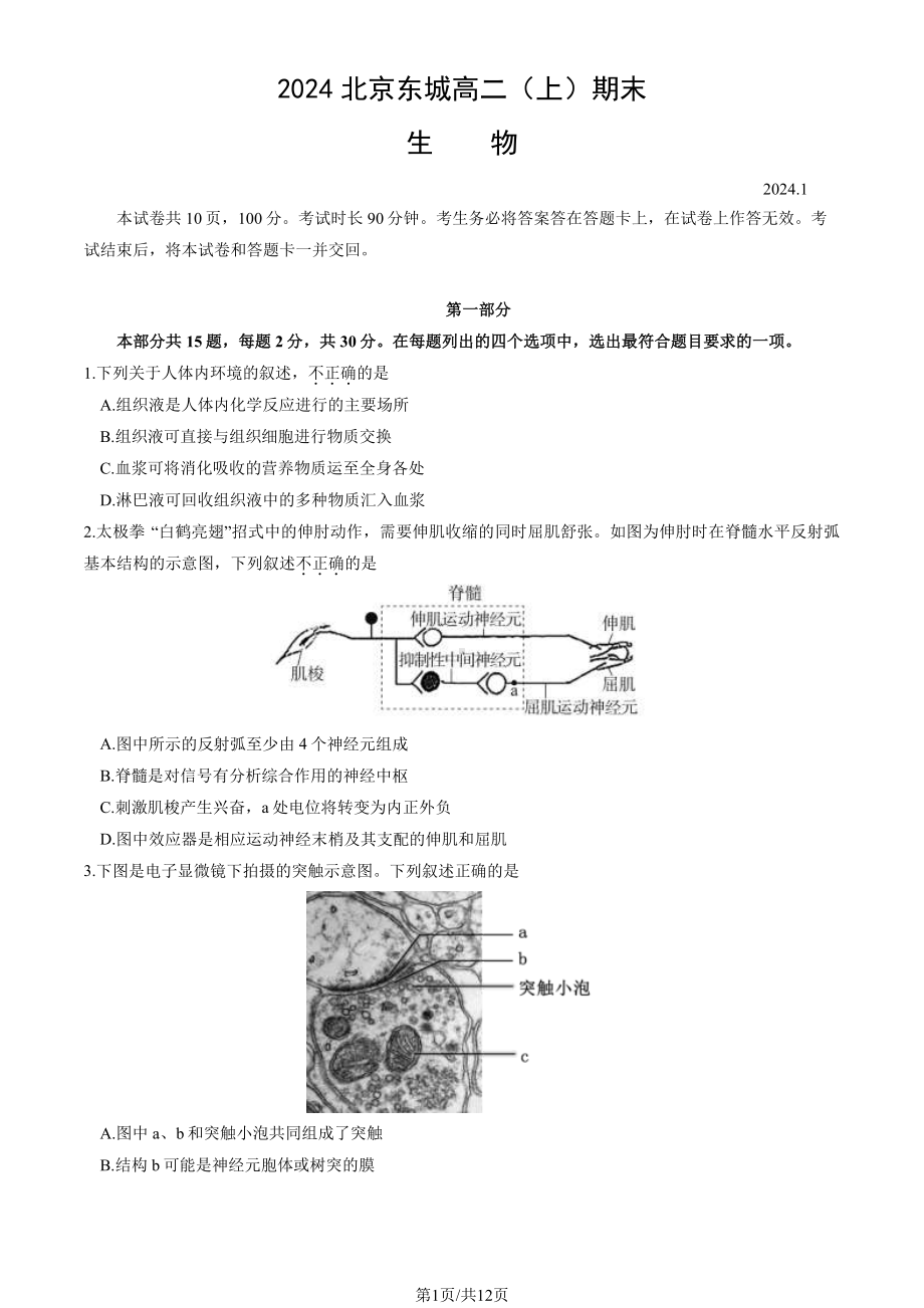 北京东城区2023-2024高二上学期期末生物试卷及答案.pdf_第1页