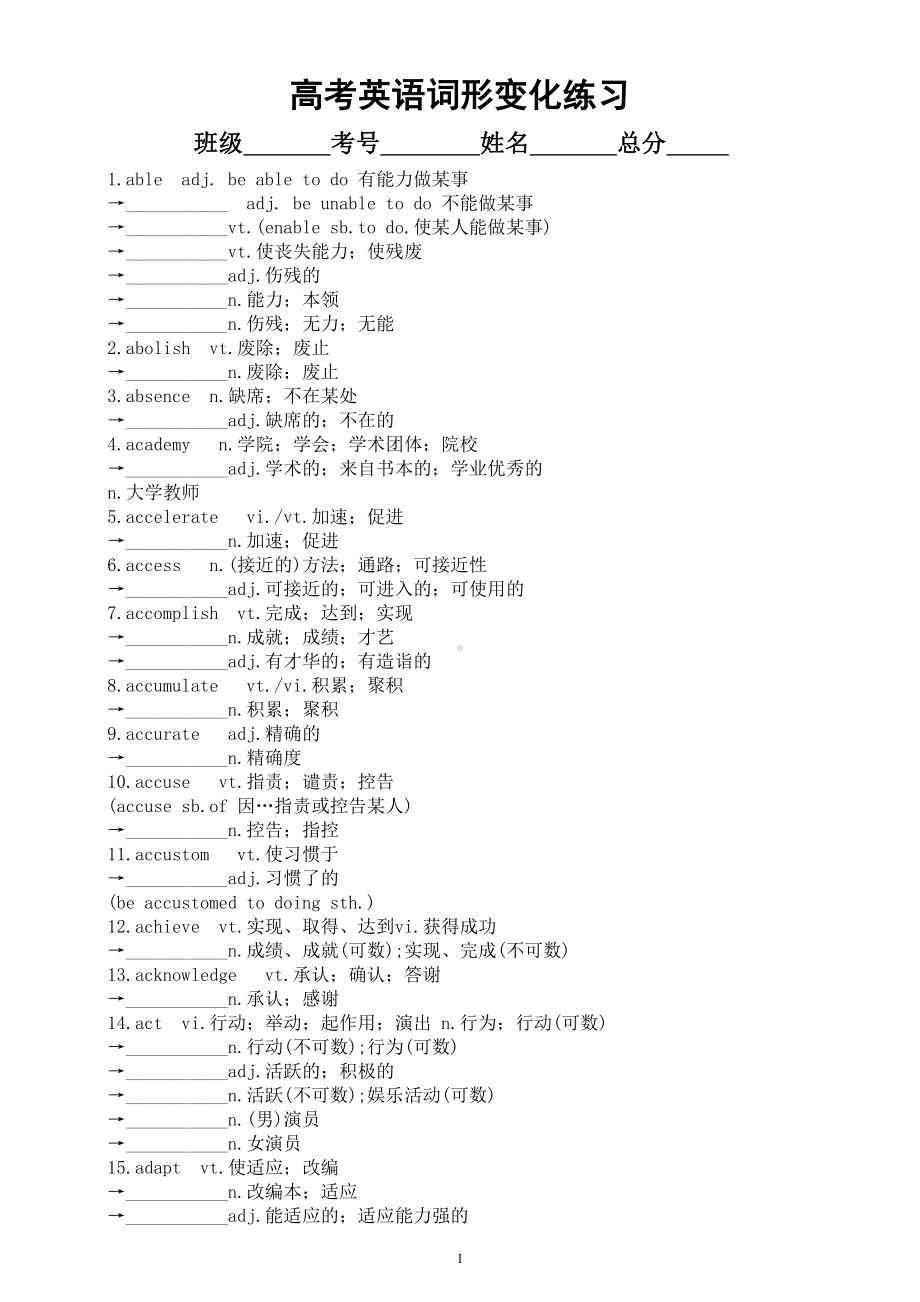 高中英语2024届高考词形变化练习(A部)（附参考答案）.doc_第1页