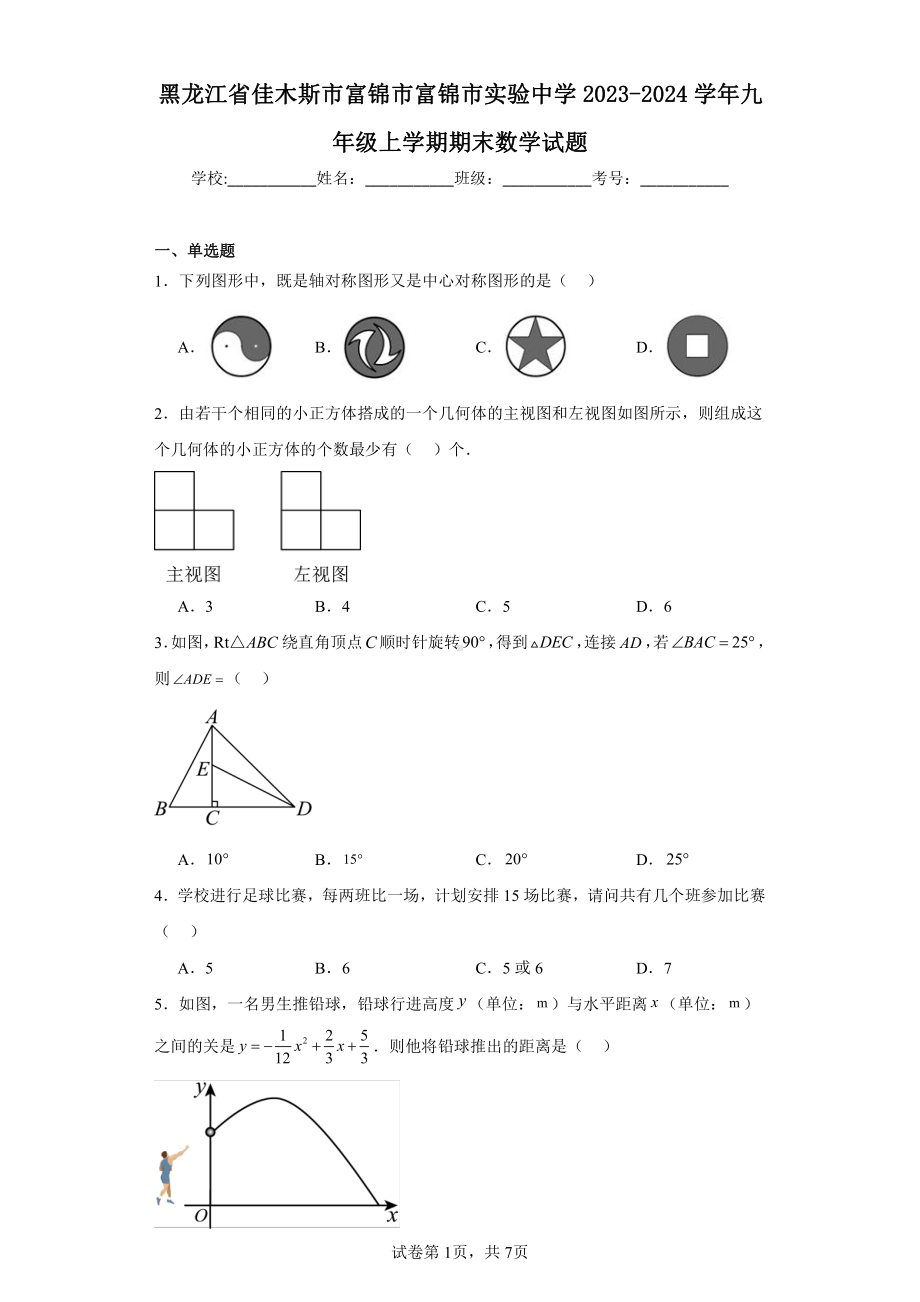 黑龙江省佳木斯市富锦市富锦市实验中学2023-2024学年九年级上学期期末数学试题.pdf_第1页