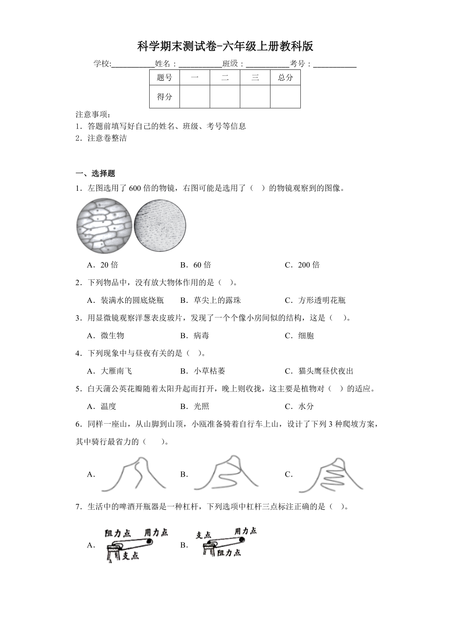 2023新教科版六年级上册《科学》期末测试卷（含解析）.rar