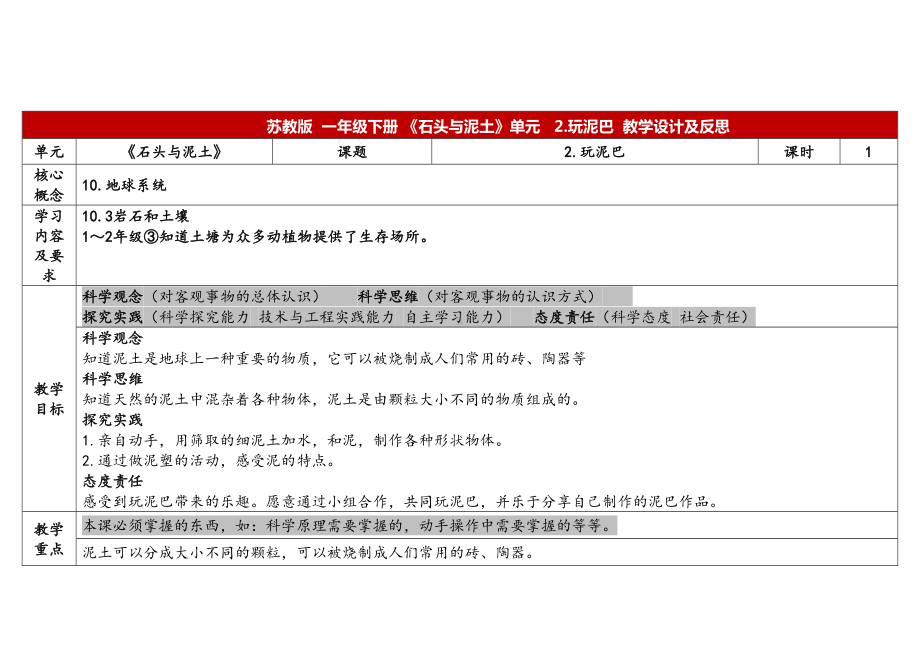 2.玩泥巴 表格式教案（含课堂练习和反思）-2024新苏教版一年级下册《科学》.docx_第1页