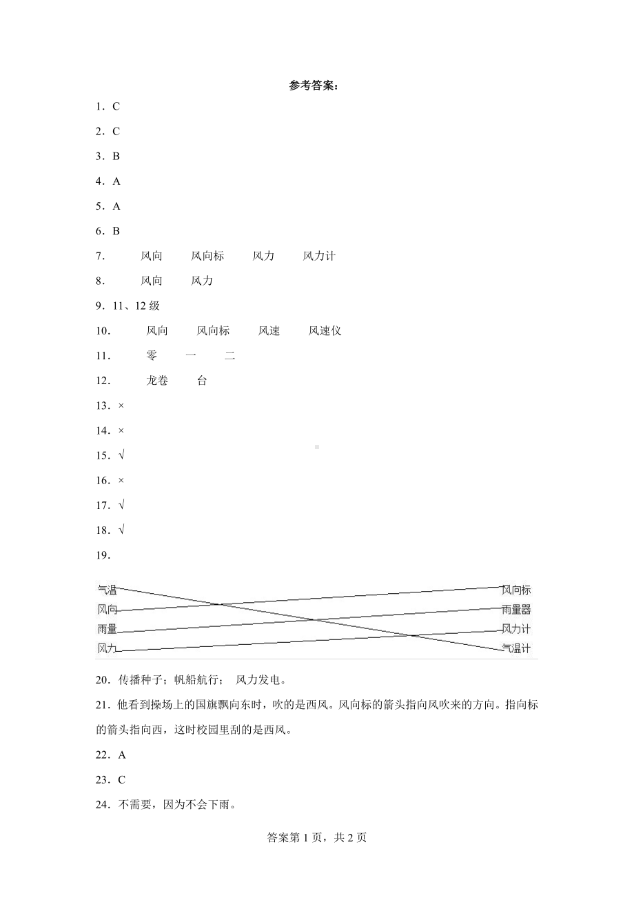 18风向和风力同步练习题（含答案）-2024新苏教版三年级下册《科学》.docx_第3页