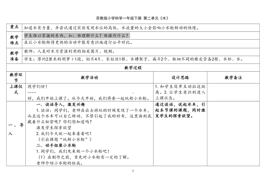 5.玩转小水轮 表格式教案（含课堂练习和反思）-2024新苏教版一年级下册《科学》.docx_第2页