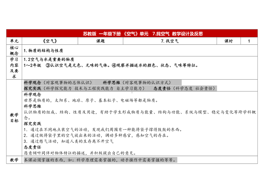 7.找空气 表格式教案（含课堂练习和反思）-2024新苏教版一年级下册《科学》.docx_第1页