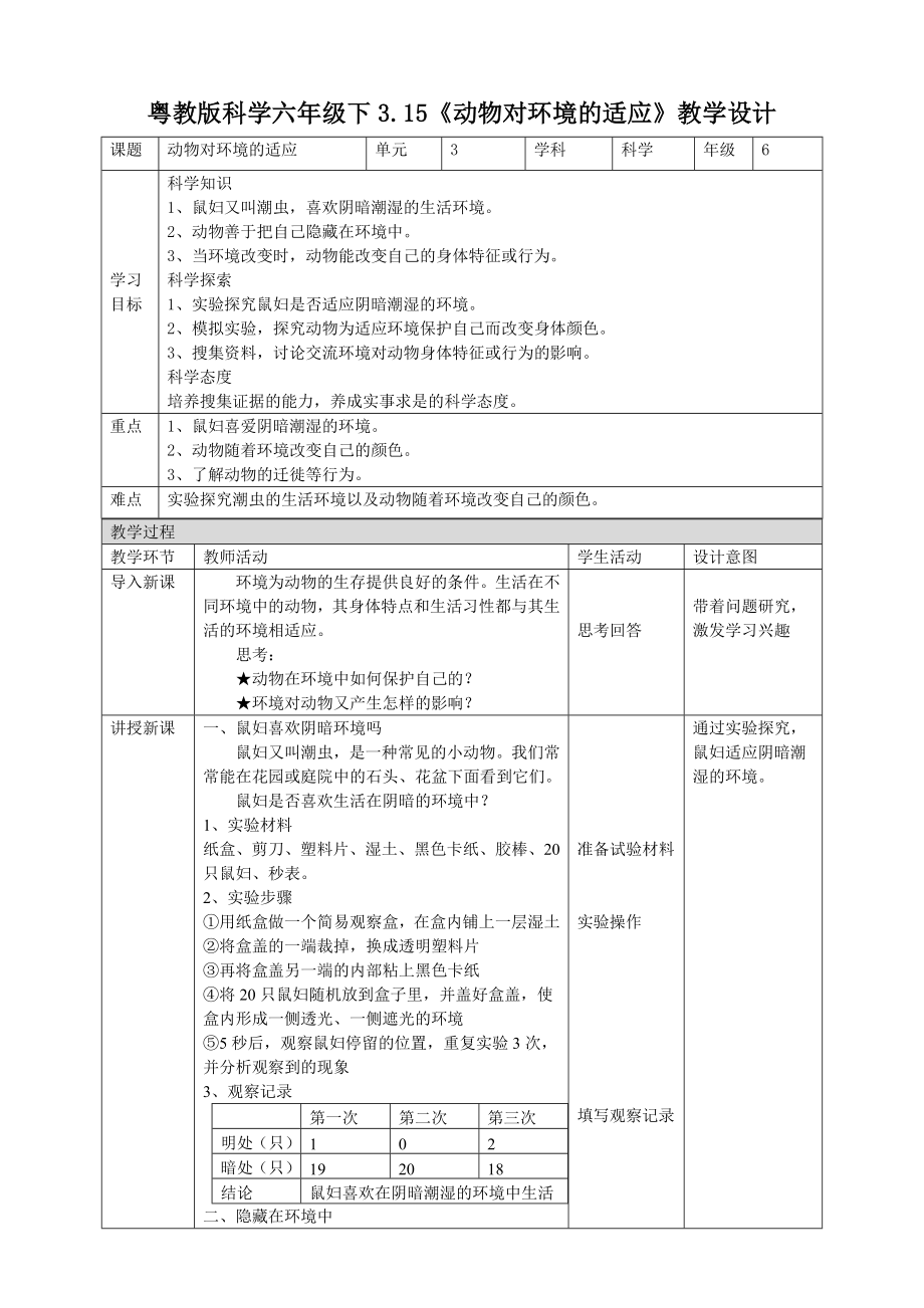 3.15《动物对环境的适应》ppt课件（26张PPT）+教案+练习+素材-2024新粤教粤科版六年级下册《科学》.rar