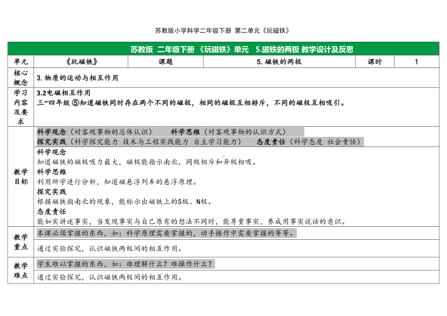 5.磁铁的两极 表格式教案（含课堂练习和反思）-2024新苏教版二年级下册《科学》.docx_第1页