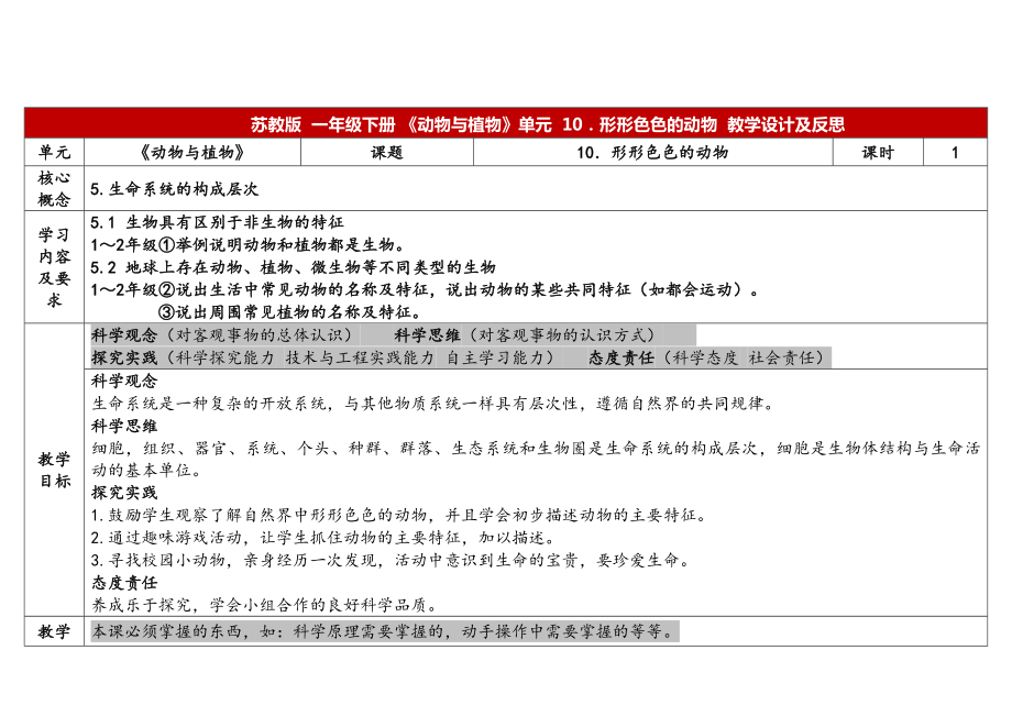 10．形形色色的动物 表格式教案（含课堂练习和反思）-2024新苏教版一年级下册《科学》.docx_第1页