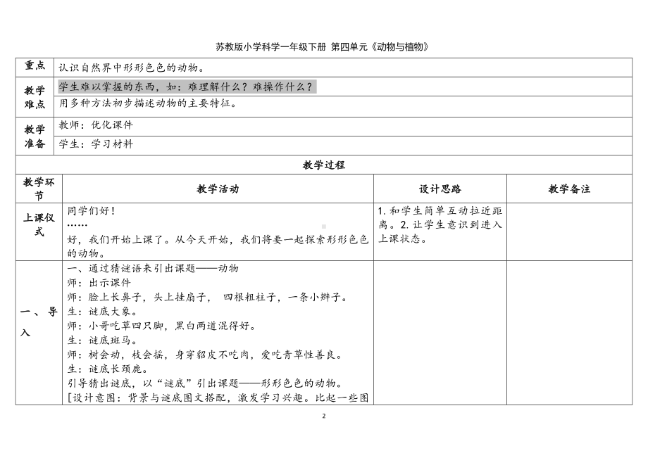 10．形形色色的动物 表格式教案（含课堂练习和反思）-2024新苏教版一年级下册《科学》.docx_第2页