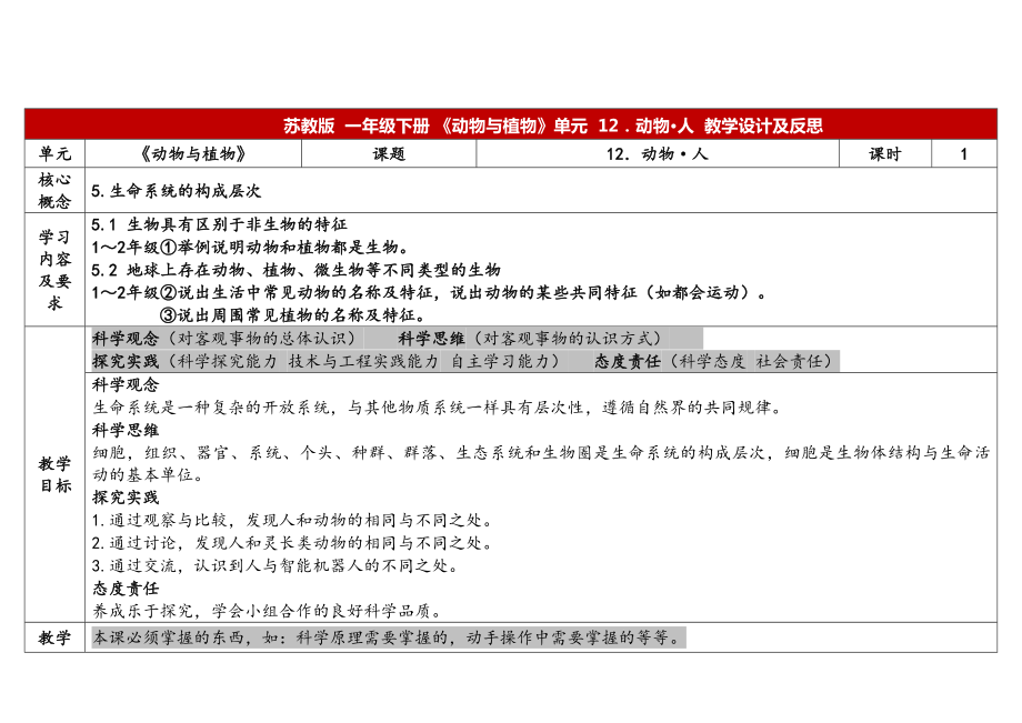 12．动物·人 表格式教案（含课堂练习和反思）-2024新苏教版一年级下册《科学》.docx_第1页