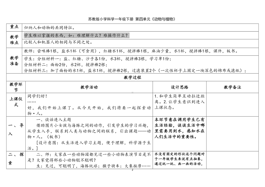 12．动物·人 表格式教案（含课堂练习和反思）-2024新苏教版一年级下册《科学》.docx_第2页