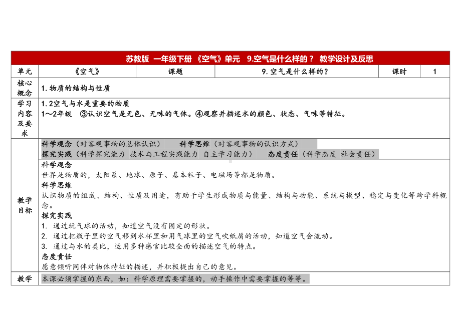 9.空气是什么样的表格式教案（含课堂练习和反思）-2024新苏教版一年级下册《科学》.docx_第1页