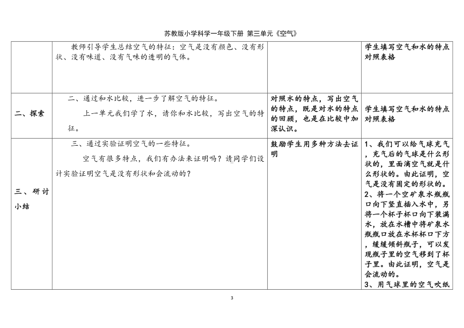 9.空气是什么样的表格式教案（含课堂练习和反思）-2024新苏教版一年级下册《科学》.docx_第3页