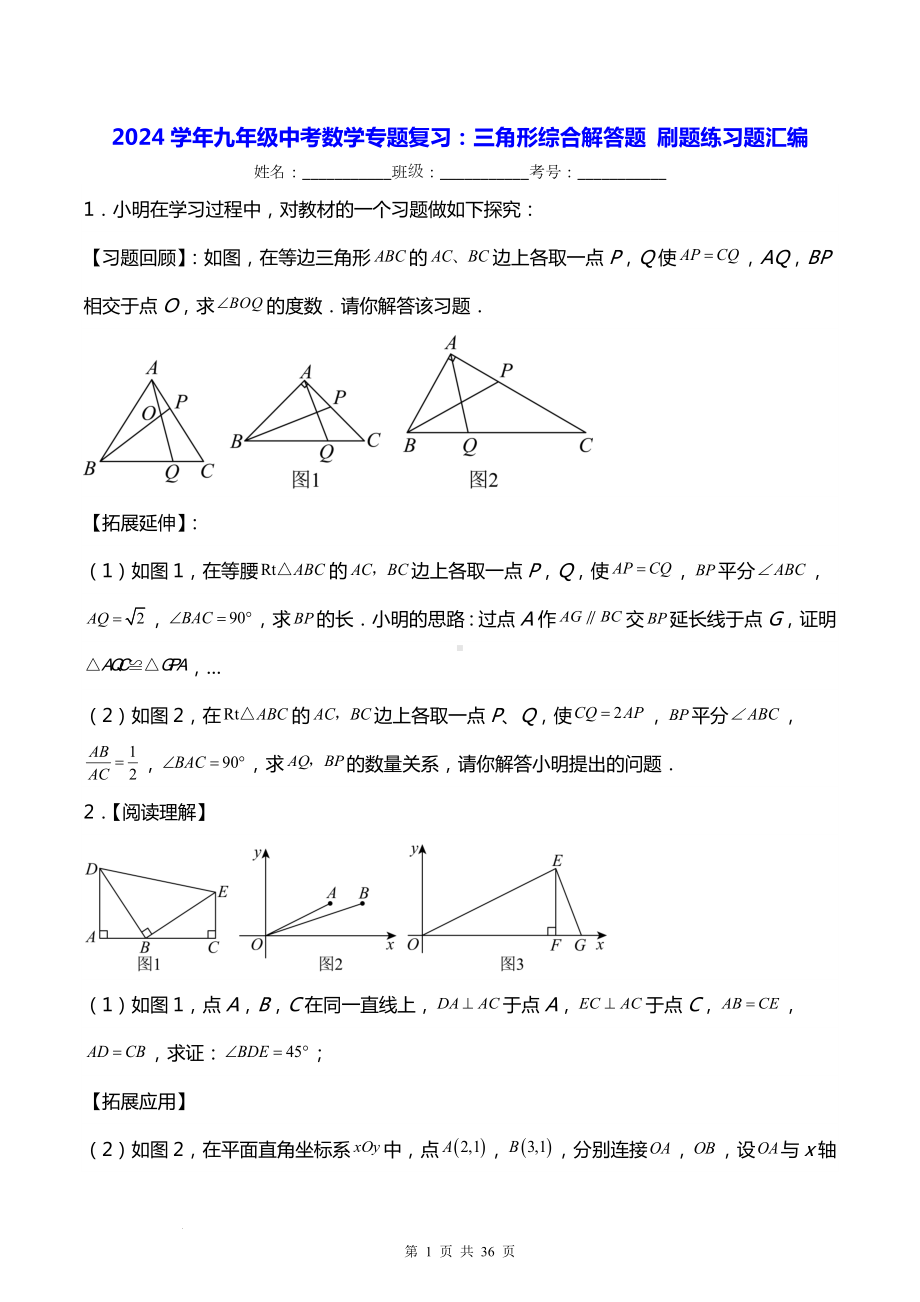 2024学年九年级中考数学专题复习：三角形综合解答题 刷题练习题汇编（含答案解析）.docx_第1页