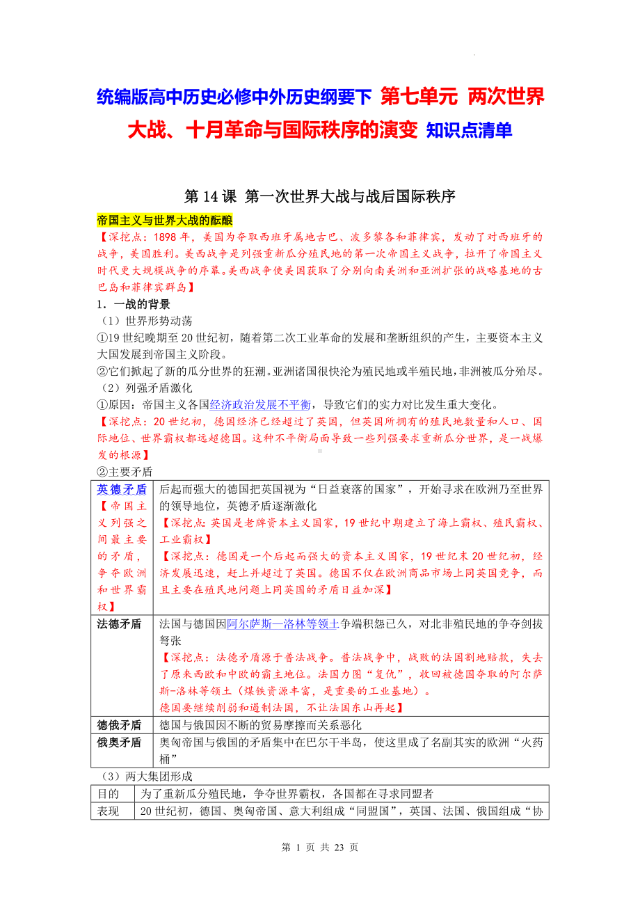 统编版高中历史必修中外历史纲要下 第七单元 两次世界大战、十月革命与国际秩序的演变 知识点清单.docx_第1页