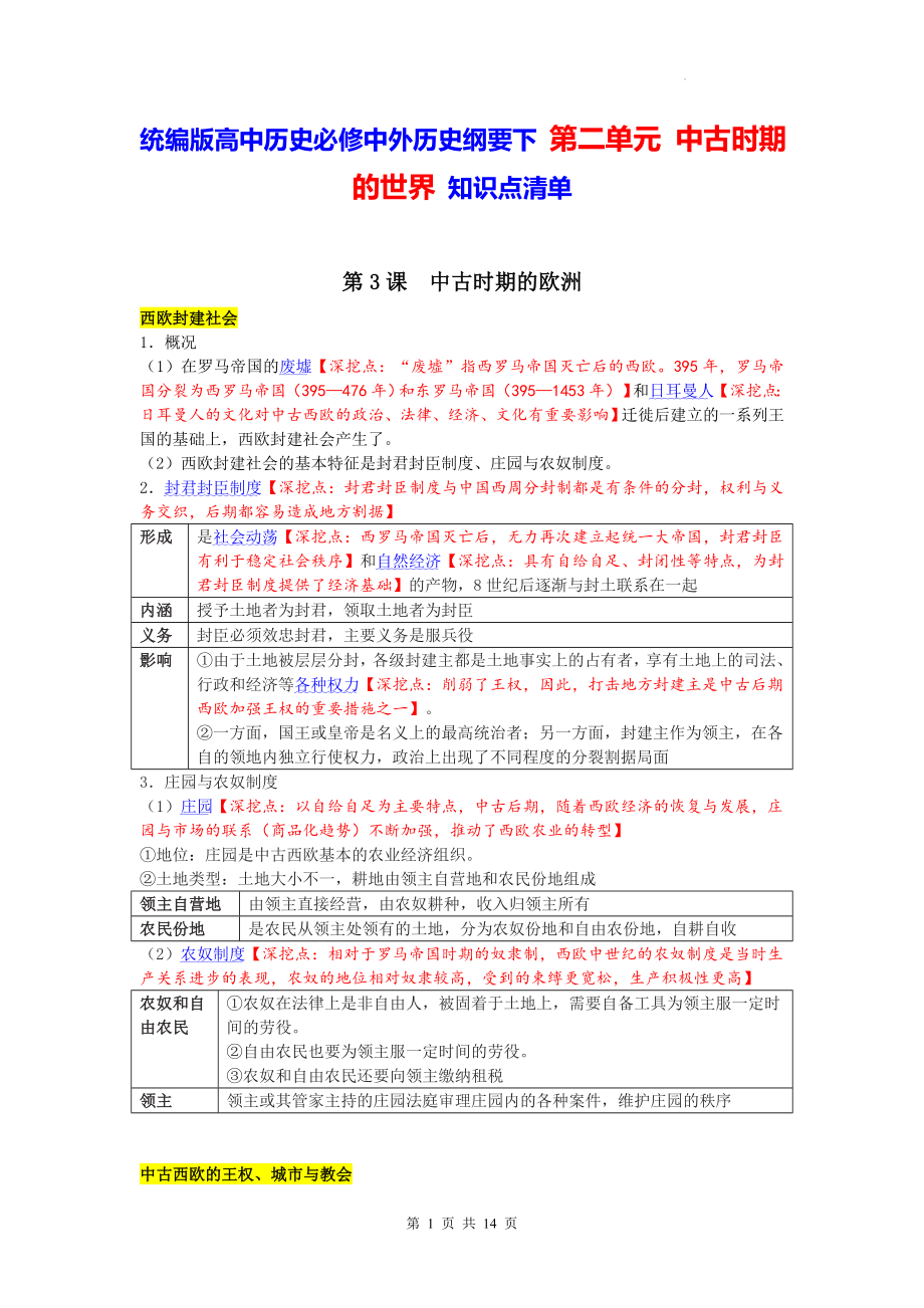 统编版高中历史必修中外历史纲要下 第二单元 中古时期的世界 知识点清单.docx_第1页