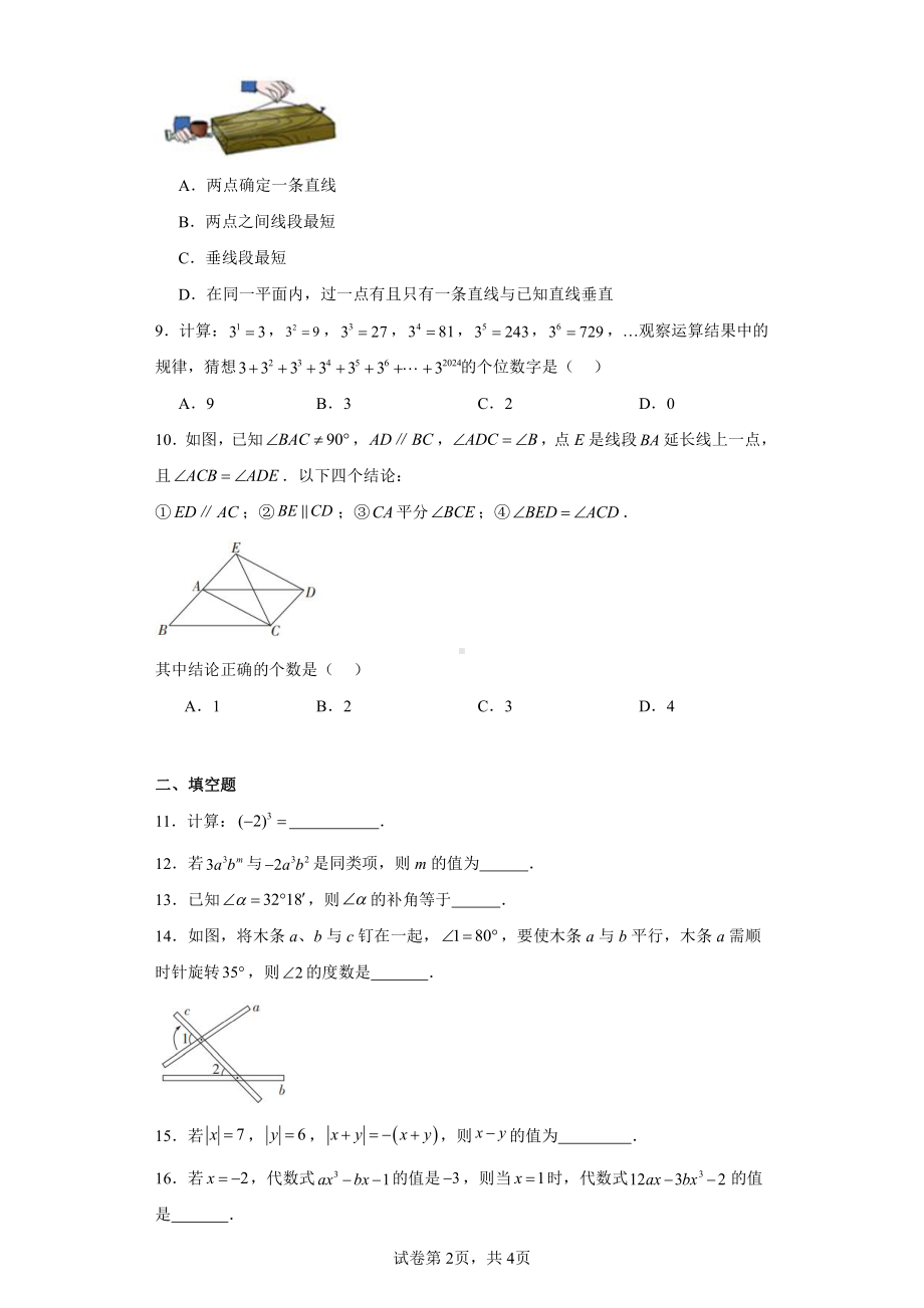 福建省漳州市2023-2024学年七年级上学期期末数学试题(华师大版B卷).pdf_第2页