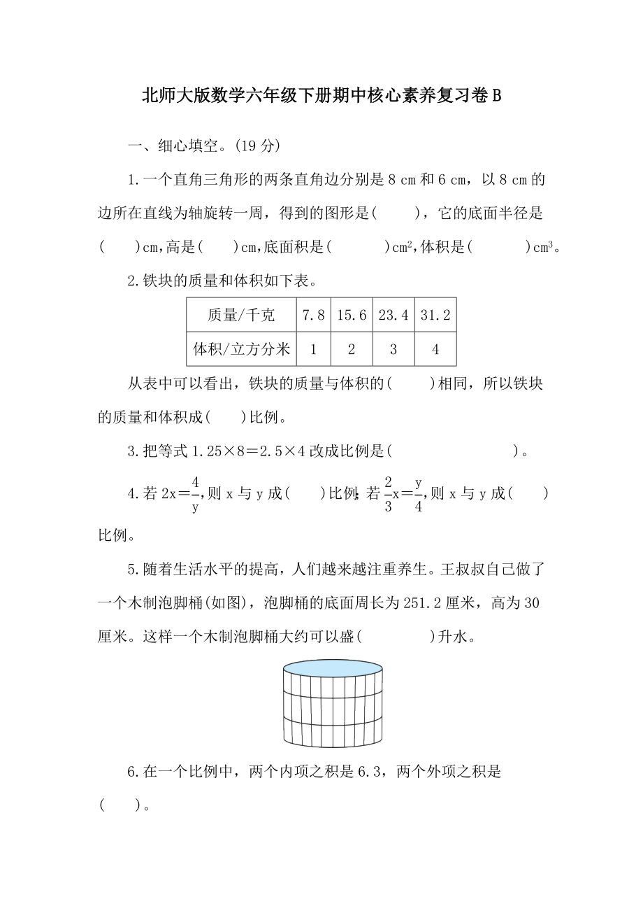 北师大版数学六年级下册期中核心素养复习卷B.doc_第1页