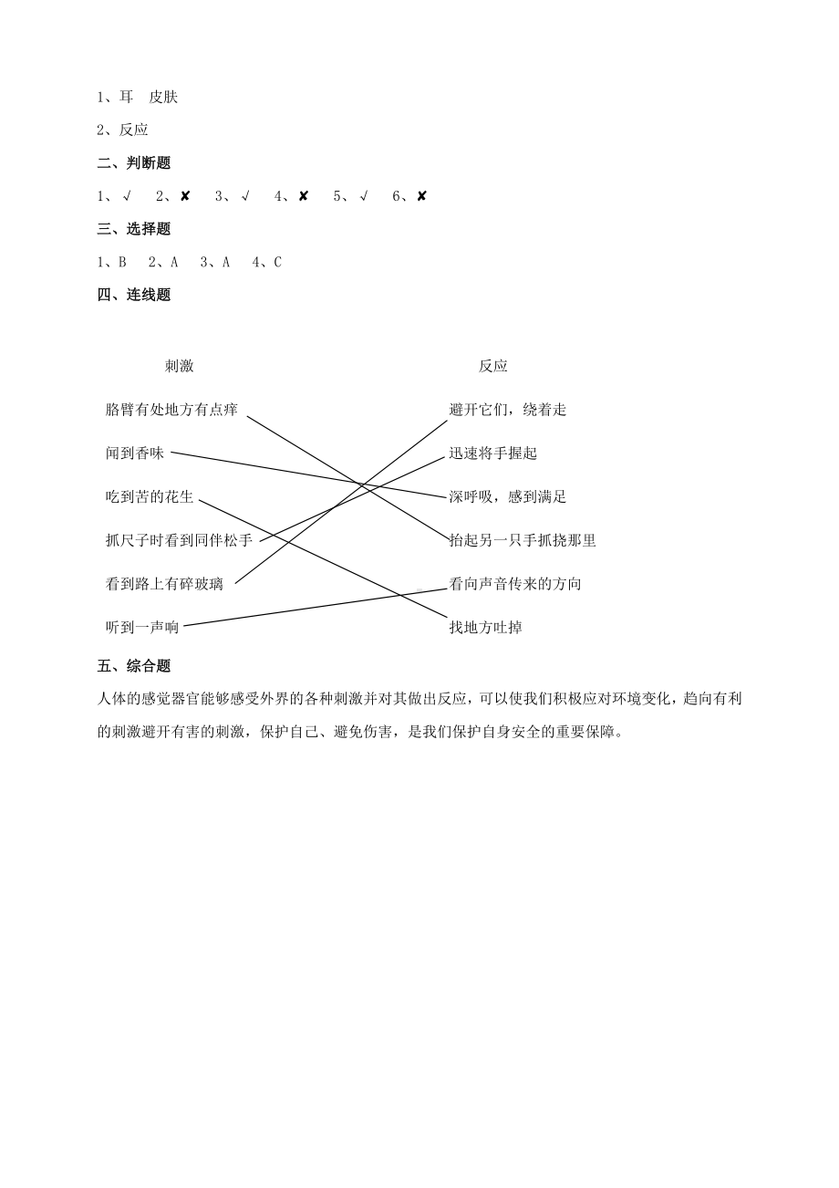 3.8《人的感知与反应》练习（含答案）-2024新人教鄂教版五年级下册《科学》.doc_第3页