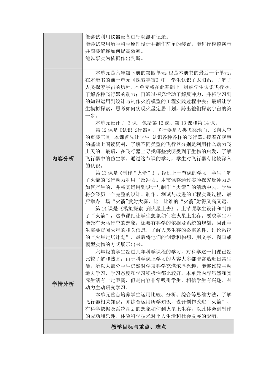 2024新人教鄂教版六年级下册《科学》第四单元《“飞向”太空》单元备课 教案（表格式).docx_第2页