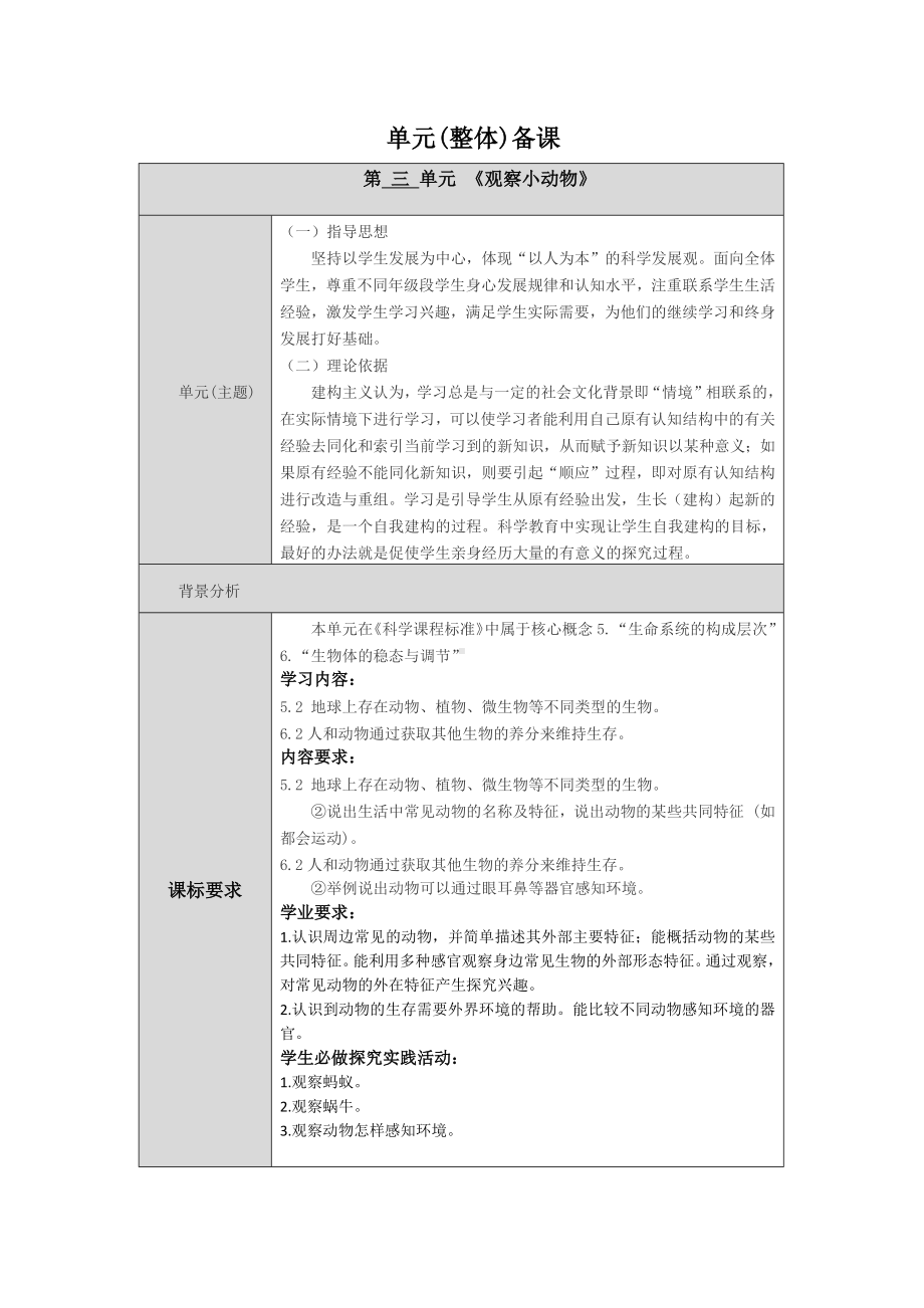 2024新人教鄂教版二年级下册《科学》第三单元《观察小动物》单元备课 教案（表格式）.docx_第1页