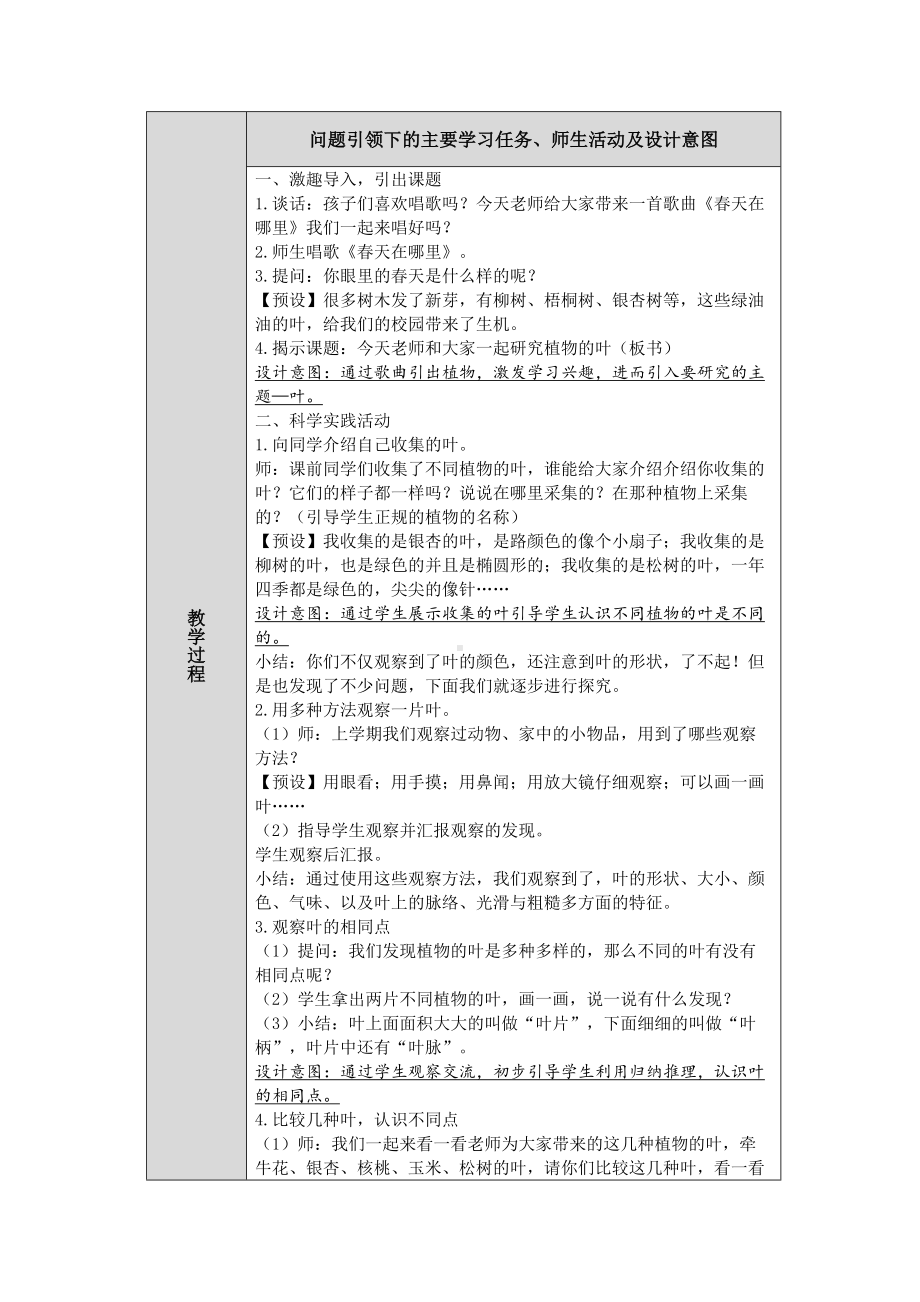 第1课《各种各样的叶》教案（表格式 ）-2024新人教鄂教版一年级下册《科学》.docx_第2页