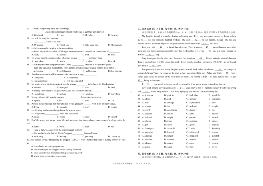 湖北省武汉市新洲区阳逻街三校2023-2024学年上学期九年级英语期中试题 - 副本.pdf_第2页