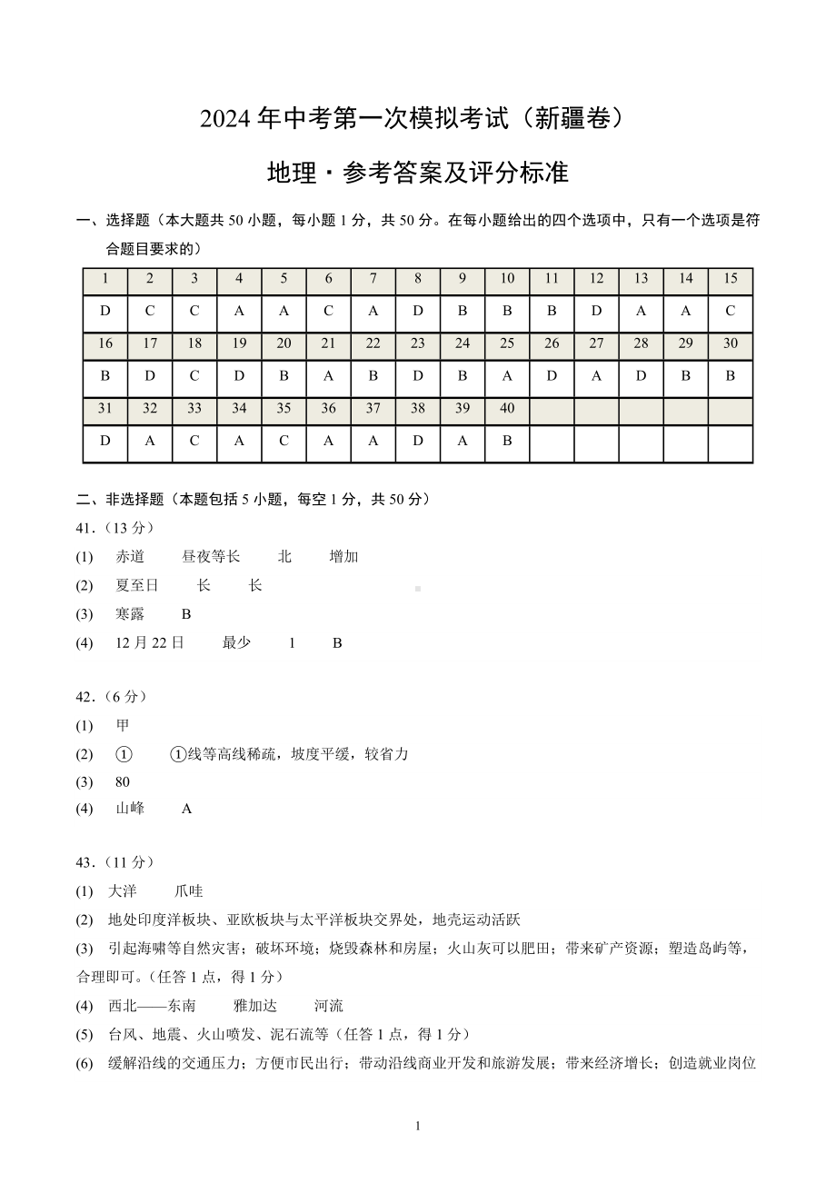 2024年初三中考第一次模拟考试试题：地理（新疆卷）（参考答案及评分标准）.docx_第1页