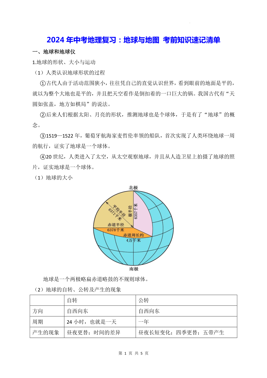 2024年中考地理复习：地球与地图 考前知识速记清单.docx_第1页