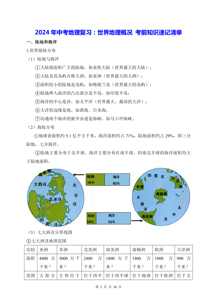 2024年中考地理复习：世界地理概况 考前知识速记清单.docx_第1页