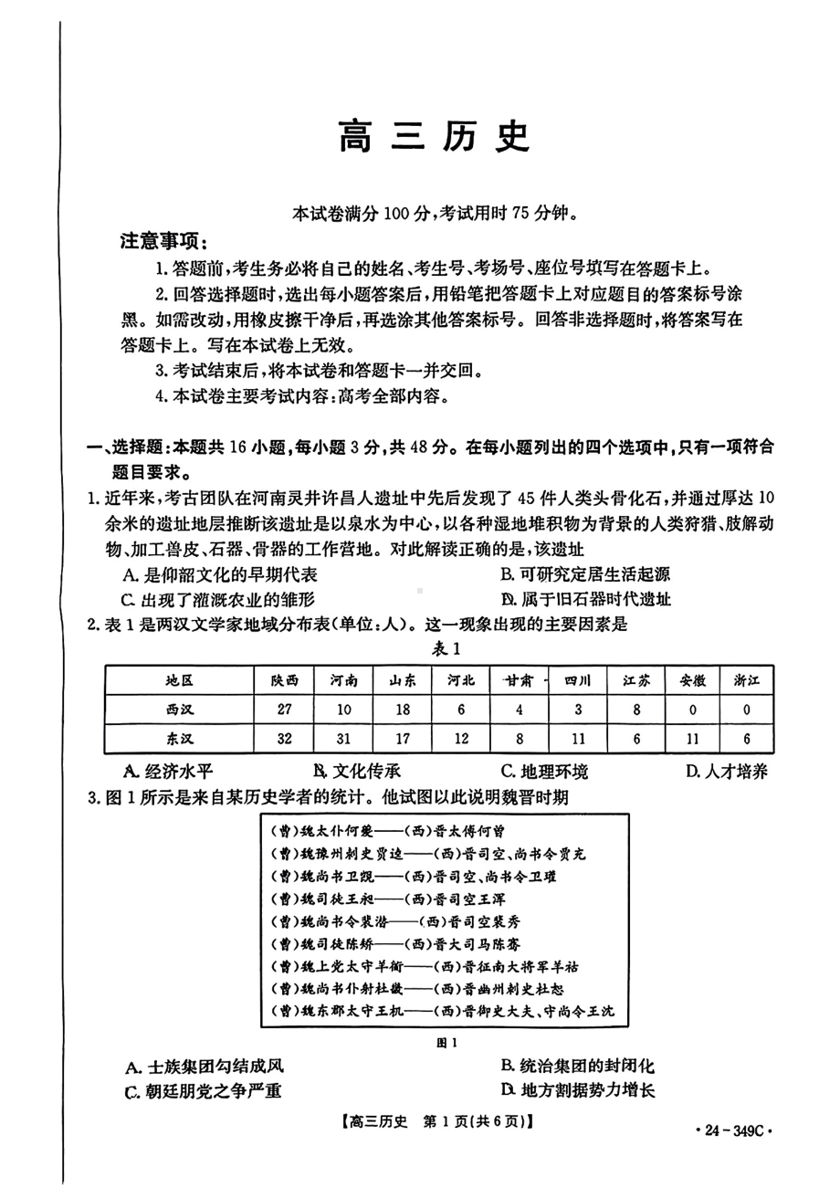 广东省2024届高三下学期百日冲刺联合学业质量监测试题 历史 PDF版含解析.pdf_第1页