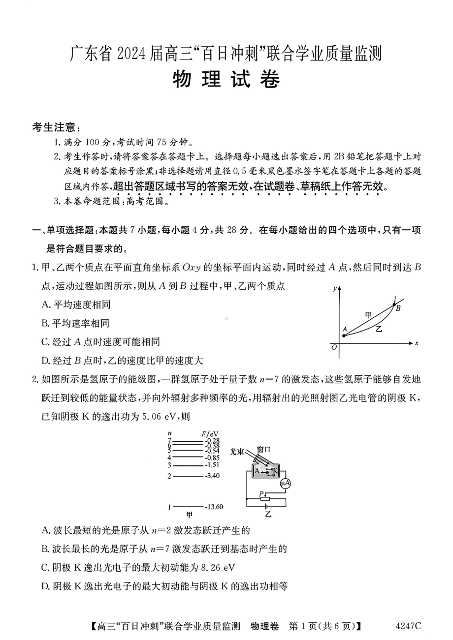 广东省2024届高三下学期百日冲刺联合学业质量监测试题 物理 PDF版含解析.pdf_第1页