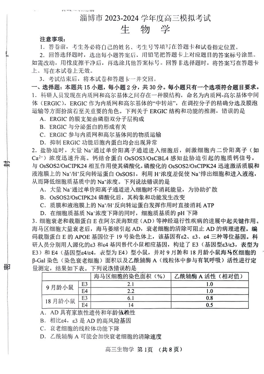 2024届山东省淄博市高三下学期一模考试 生物.pdf_第1页