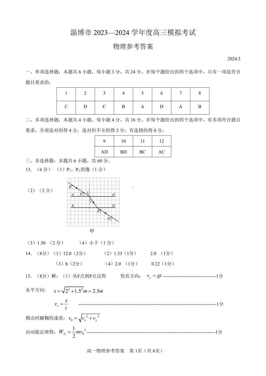 2024届山东省淄博市高三下学期一模考试 物理答案.pdf_第1页