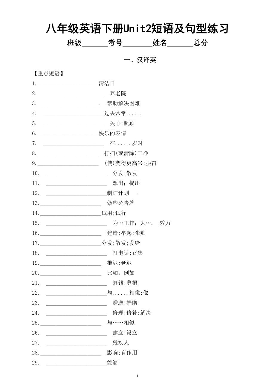 初中英语人教新目标八年级下册Unit2短语及句型练习（汉译英+英译泽）.doc_第1页