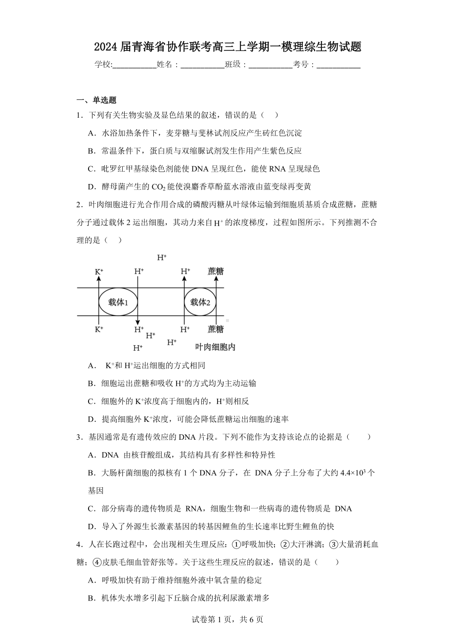 2024届青海省协作联考高三上学期一模理综生物试题.docx_第1页