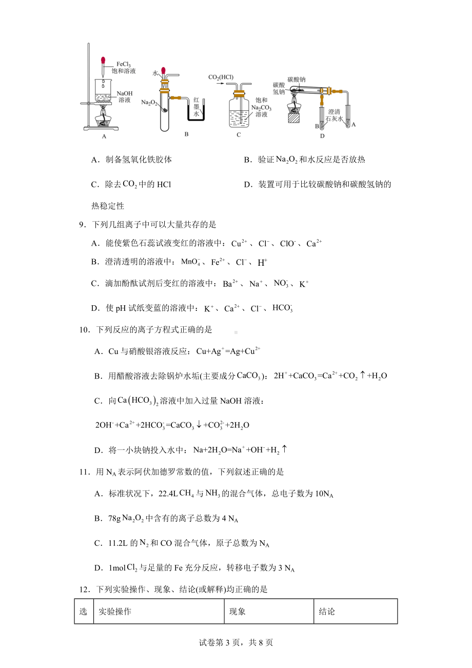 广东省深圳市人大附中深圳学校2023-2024学年高一上学期期中考试化学试题.docx_第3页