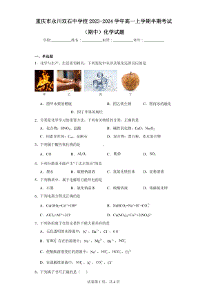 重庆市永川双石中学校2023-2024学年高一上学期半期考试(期中)化学试题.docx