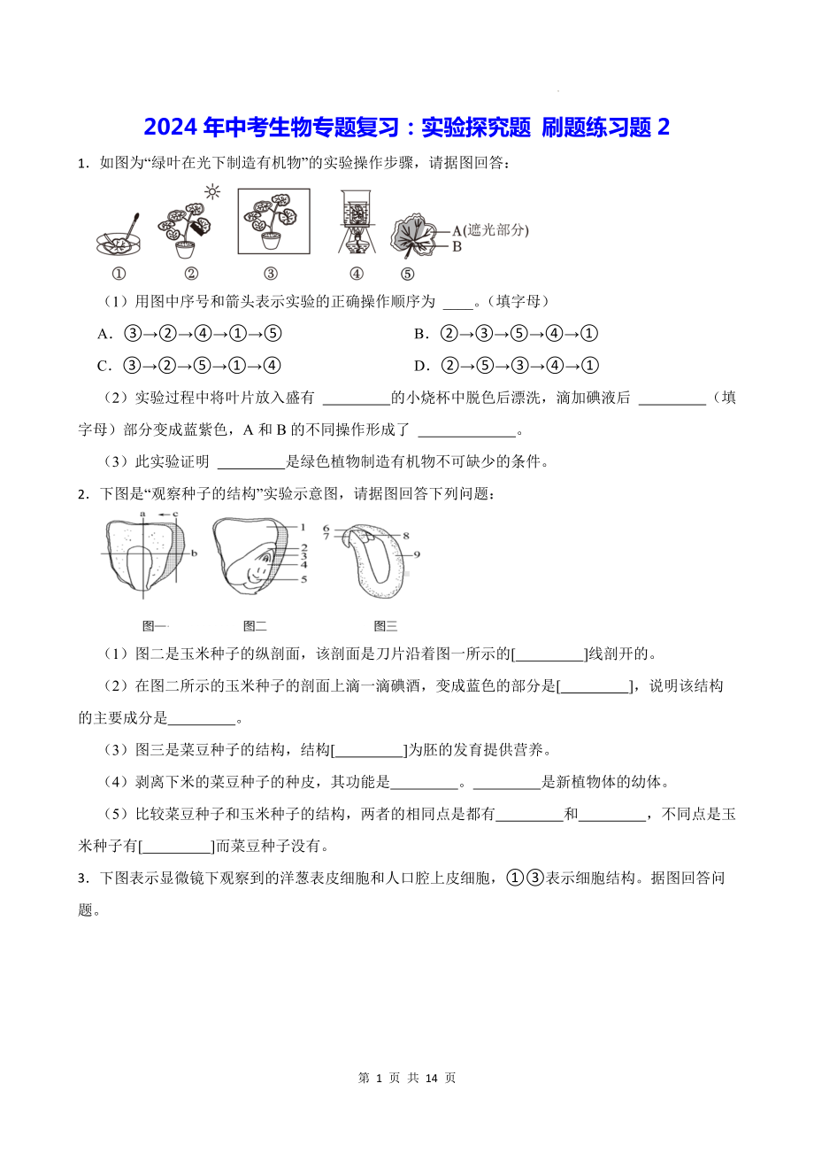 2024年中考生物专题复习：实验探究题 刷题练习题2（Word版含答案）.docx_第1页